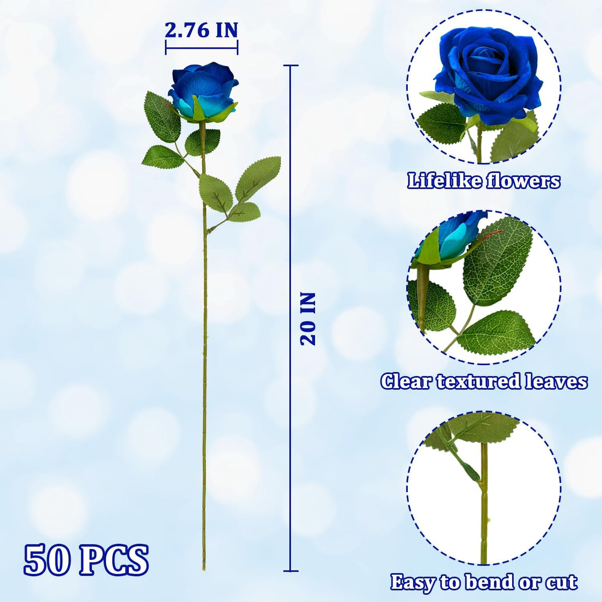 50 PCS Bulk Royal Blue Artificial Flowers, Fake Velvet Blue Roses W/ Stems