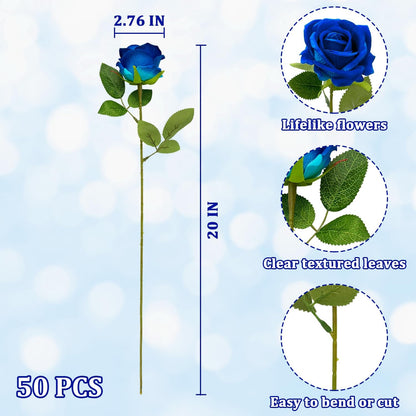 50 PCS Bulk Royal Blue Artificial Flowers, Fake Velvet Blue Roses W/ Stems
