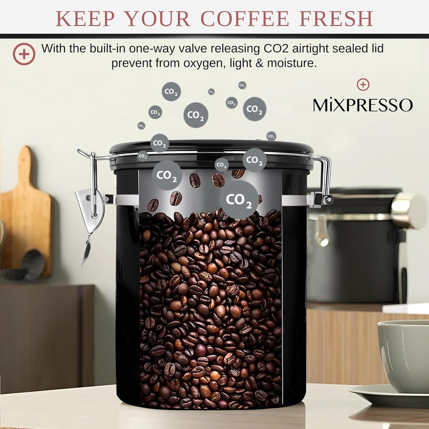 Mixpresso 16 Oz Swart Koffiehouer, Vlekvrye Staal Lugdigte Koffiehouer, Lugdigte Houer Vir Teeberging Met Datumspoorder, Vakuumverseëlde Espresso Lugdigte Houer, Suikerhouer Vir Die Huis