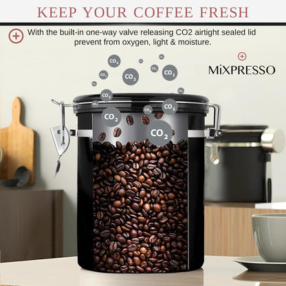 Mixpresso 16 Oz Swart Koffiehouer, Vlekvrye Staal Lugdigte Koffiehouer, Lugdigte Houer Vir Teeberging Met Datumspoorder, Vakuumverseëlde Espresso Lugdigte Houer, Suikerhouer Vir Die Huis