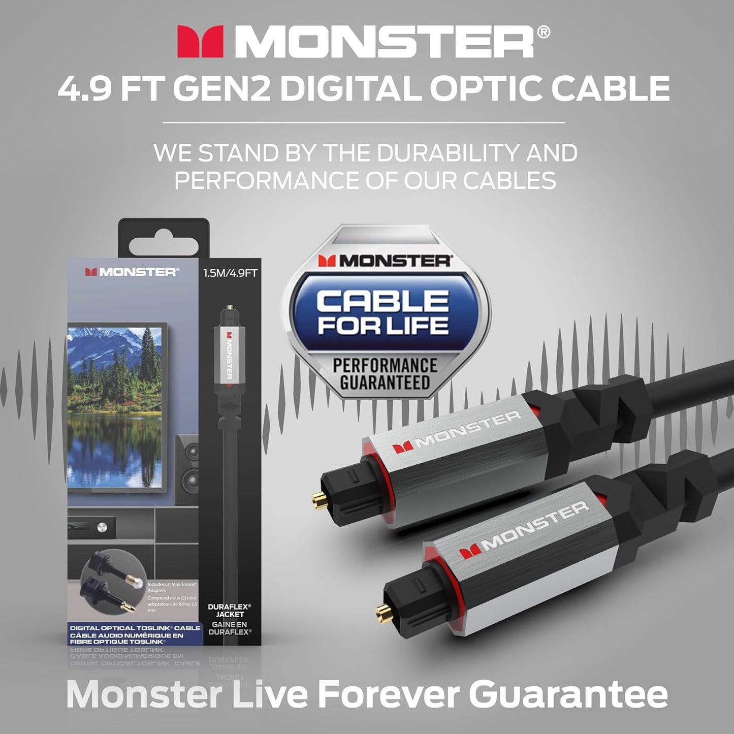 Monster Gen2 Essentials Digitale Optiese Toslink-kabel, Klankbalk Optiese Oudiokabel met Goue Konneksies, 9.8vt
