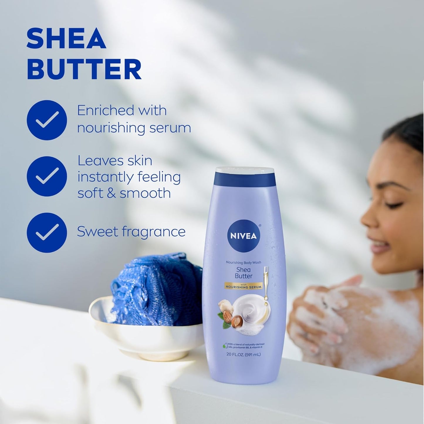 NIVEA Nourishing Shea Butter Body Wash with Nourishing Serum, Moisturizing Body Wash for Women, Enriched Provitamin B5 and Vitamin E, 20 Fl Oz Bottle - 3PK