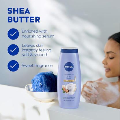 NIVEA Nourishing Shea Butter Body Wash with Nourishing Serum, Moisturizing Body Wash for Women, Enriched Provitamin B5 and Vitamin E, 20 Fl Oz Bottle - 3PK