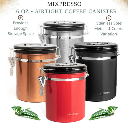 Mixpresso 16 Oz Koper Koffiehouer, Vlekvrye Staal Lugdigte Koffiehouer, Gemaalde en Boontjieberging met Datumspoorder, Vakuumverseëlde Espresso Lugdigte Houer, Suikerhouer