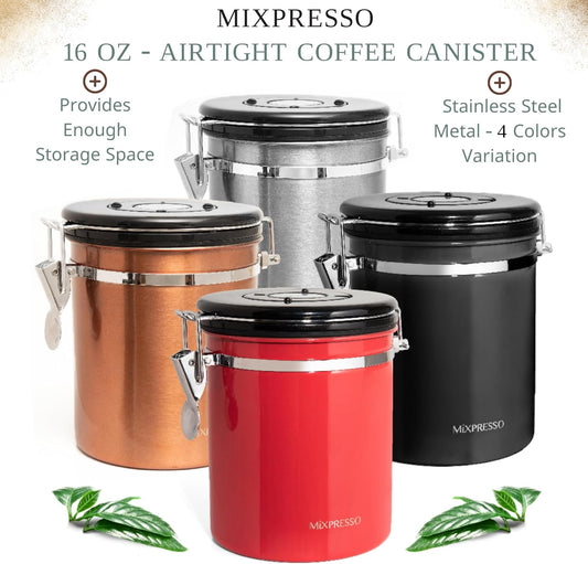 Mixpresso 16 Oz Koper Koffiehouer, Vlekvrye Staal Lugdigte Koffiehouer, Gemaalde en Boontjieberging met Datumspoorder, Vakuumverseëlde Espresso Lugdigte Houer, Suikerhouer