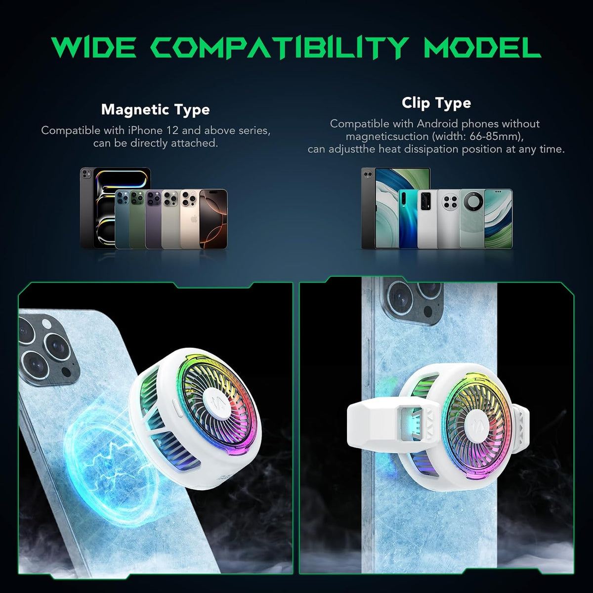 White Magnetic Phone Cooler for Gaming with RGB Lights, Portable Magnetic Cooling Fan with App Control for iPhone Magnetic Series and iPad