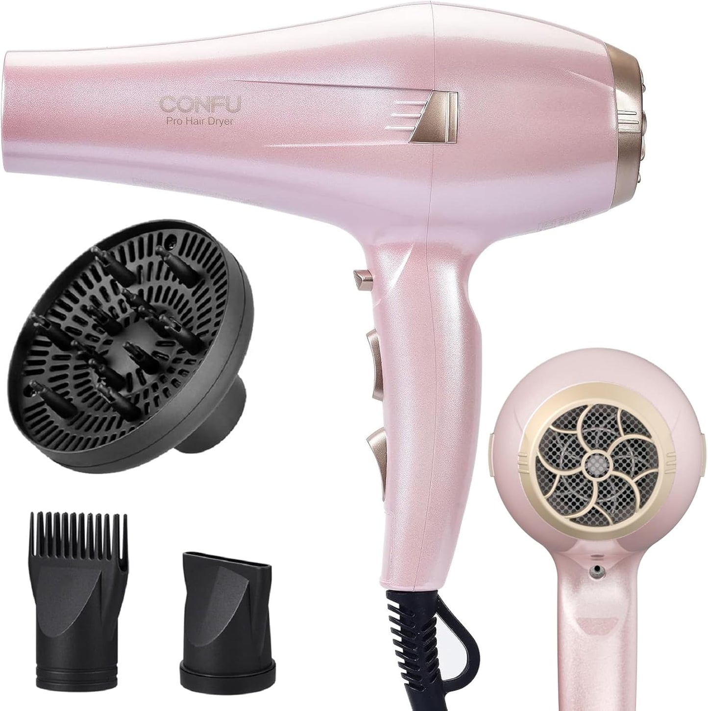 CONFU Haardroër, Professionele Ioniese Salon Haardroër met Diffuser vir Vroue en Mans, 5X Vinnige Droging, Kragtige en Stil Haardroër vir Vinnige en Maklike Stilering (1875 Watt)