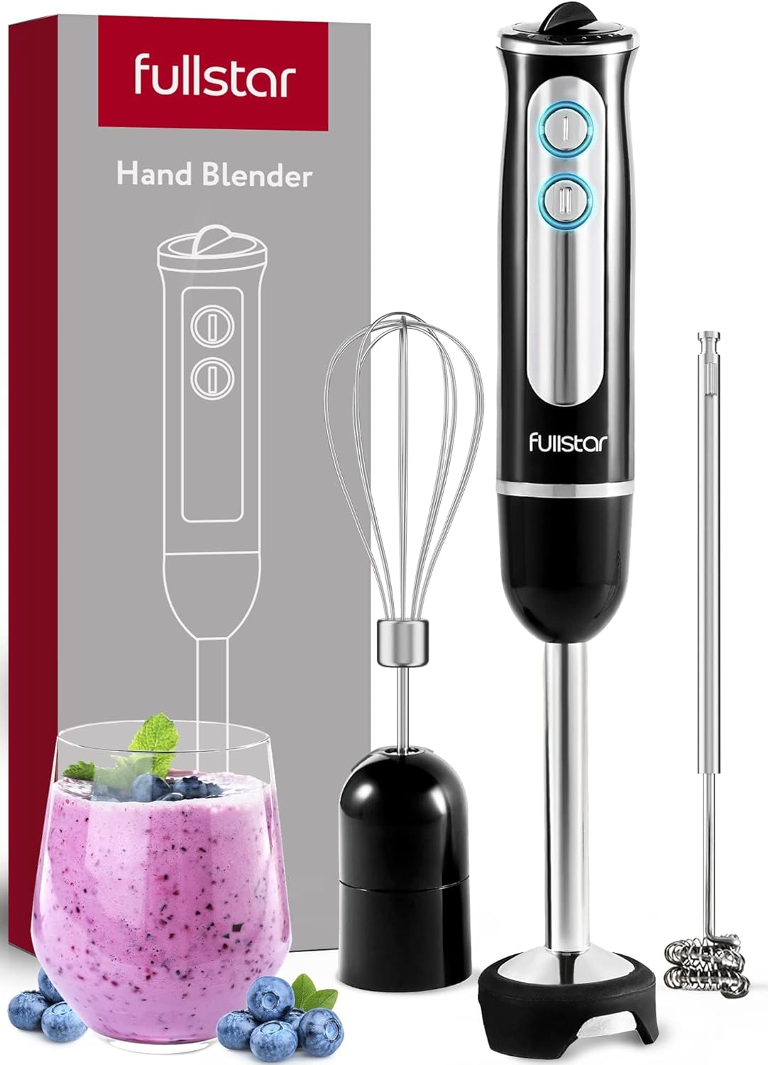 Fullstar Dompelmengerstel, 9-Spoed 500W Handgedraagde Elektriese Handmenger, Smoothiemenger (3-in-1, Swart)