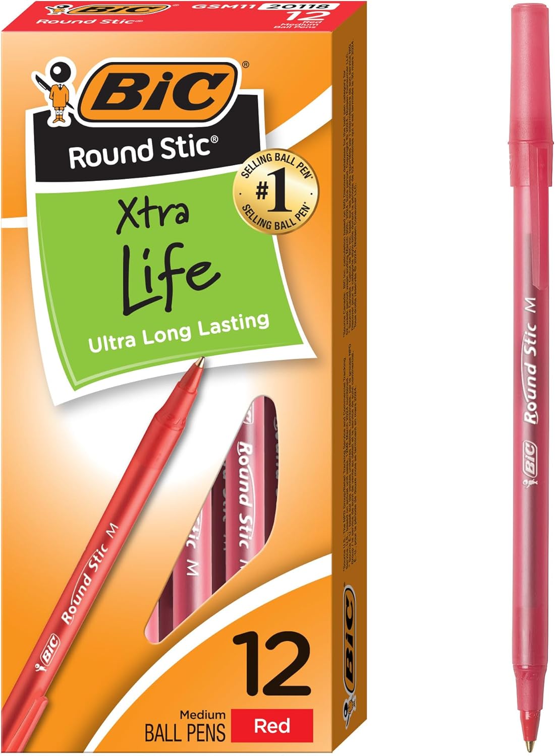 BIC Round Stic Xtra Life Red Ballpoint Pens, Medium Point (1.0mm), 12CT Bulk Pens - (Pack of 3)