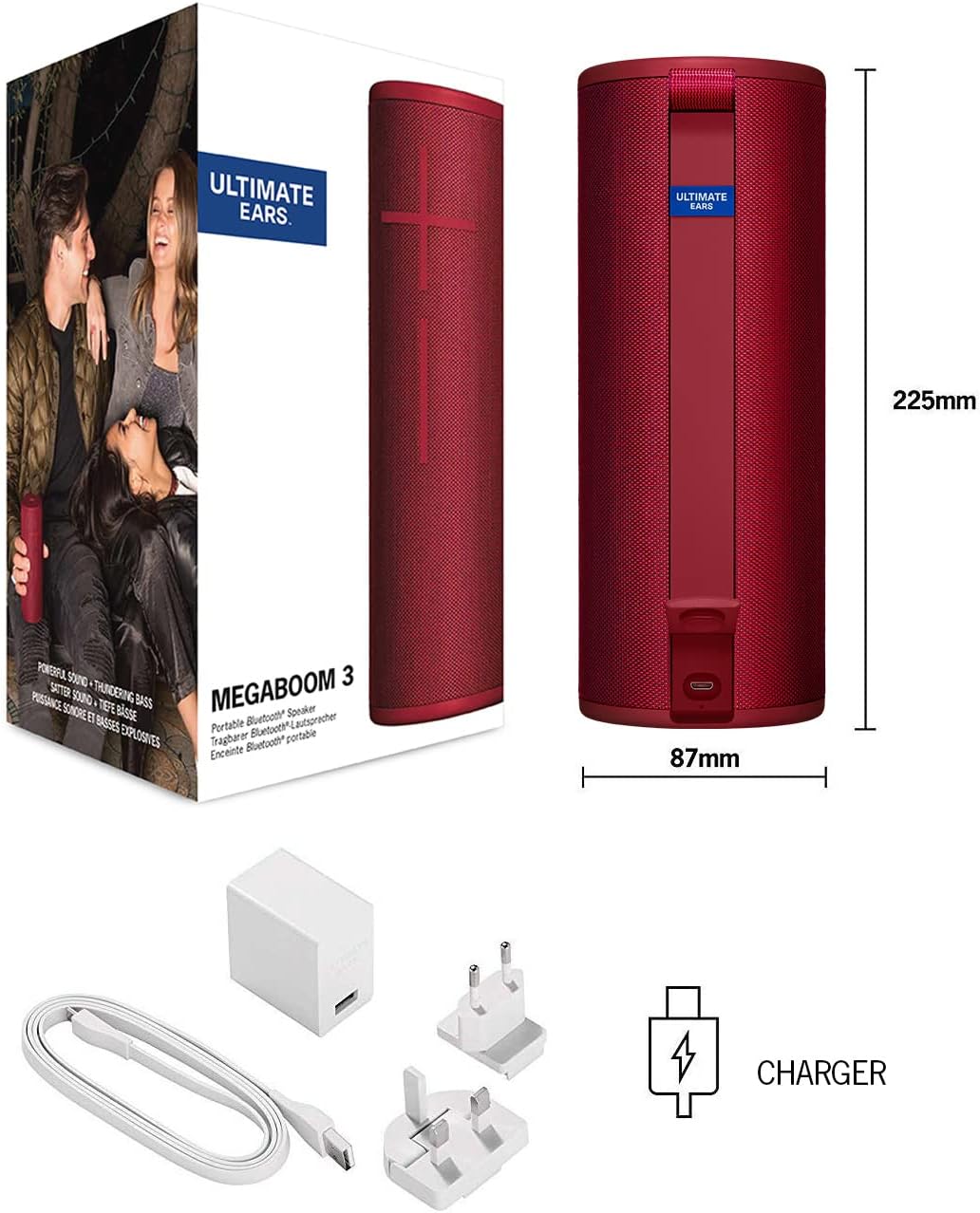 Ultimate Ears Megaboom 3 Portable Wireless Bluetooth Speaker (Powerful Sound + Thundering Bass, Bluetooth, Magic Button, Waterproof, Battery 20 Hours) - Sunset Red
