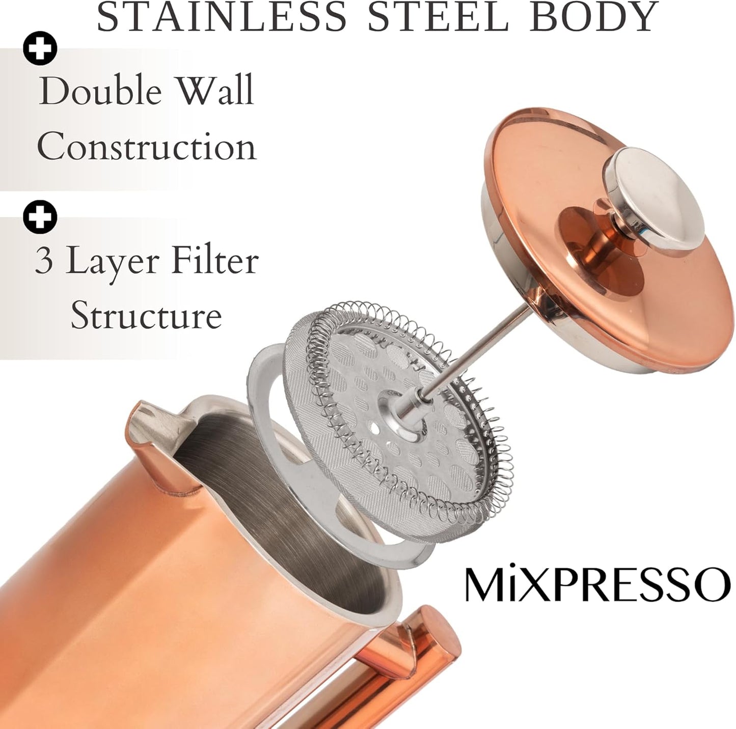 Mixpresso Vlekvrye Staal Franse Pers Koffiemaker 26 Oz 770 ml, Dubbelwand Geïsoleerde Franse Pers Vlekvrye Staal, Maklik Skoon Teebrouer, Maklik Druk Duursame Metaal Koffiepers