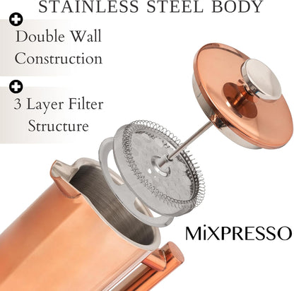 Mixpresso Vlekvrye Staal Franse Pers Koffiemaker 26 Oz 770 ml, Dubbelwand Geïsoleerde Franse Pers Vlekvrye Staal, Maklik Skoon Teebrouer, Maklik Druk Duursame Metaal Koffiepers