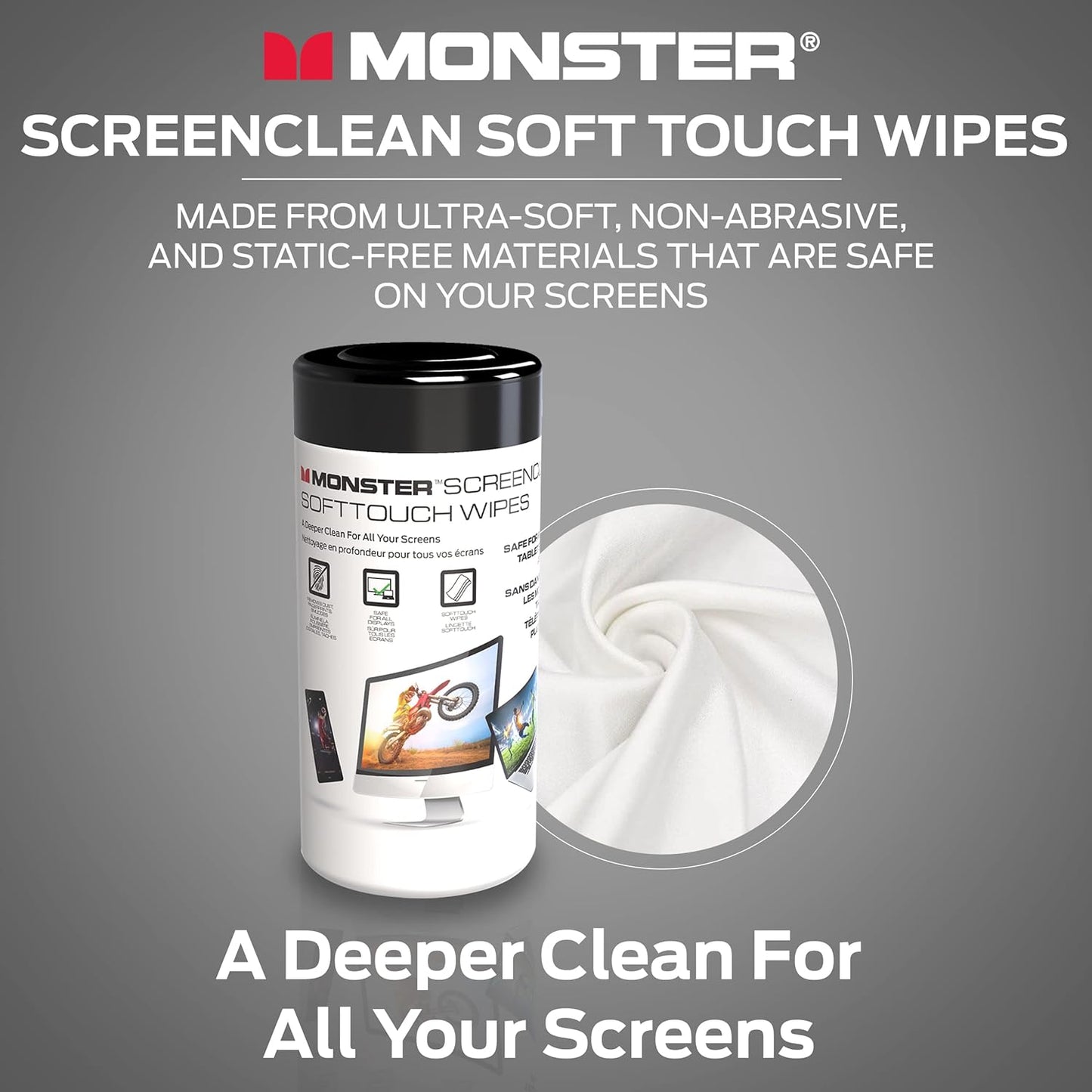Monster ScreenClean Soft Touch Wipes, Screen Cleaner Wipes for Computer Screens, TV, Phones, Tablets, and Car Touch Screens, Home Office, 70 Count