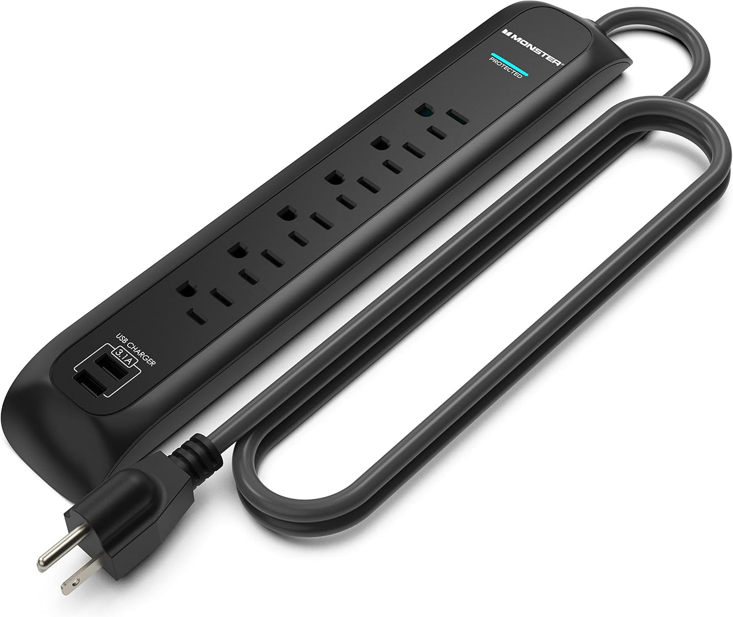 Monster 6ft Heavy Duty Black Power Strip and Tower Surge Protector, 1200 Joule Rating, 6 120V-Outlets, and 2 USB-A Ports- Ideal for Computers, Home Theatre, Home Appliances, and Office Equipment