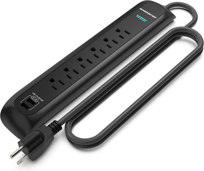 Monster 6ft Heavy Duty Black Power Strip and Tower Surge Protector, 1200 Joule Rating, 6 120V-Outlets, and 2 USB-A Ports- Ideal for Computers, Home Theatre, Home Appliances, and Office Equipment