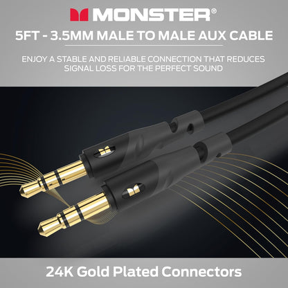 Monster Gen1 Essentials Mini-na-Mini Interconnect Oudiokabel 3.5mm Manlik na Manlik, 5VT Aux-kabel met Duraflex-omhulsel, Premium Goudgeplateerde Koontakte, Kabel vir Motor, Huis, Stereo