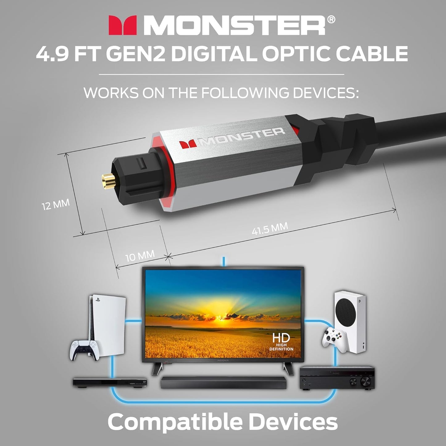 Monster Gen2 Essentials Digitale Optiese Toslink-kabel, Klankbalk Optiese Oudiokabel met Goue Konnekteerders, 4.9vt
