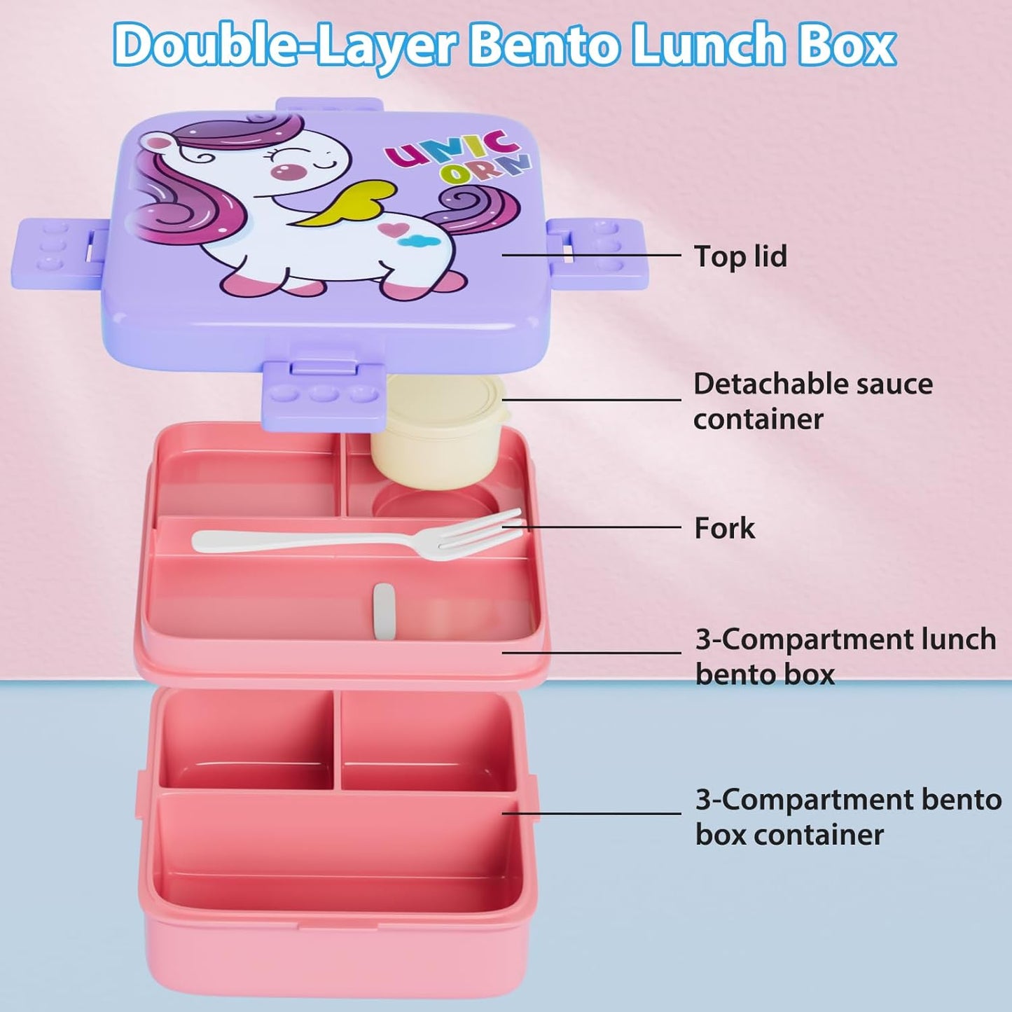Freshmage Bento-houer, Dubbellaagse Middagetevakkie met 3 Kompartemente, Groot Kapasiteit, Lekvry en BPA-vrye Bento-middageteboks, Duursaam, Valbestand, Skottelgoedwasser- en Mikrogolf-veilig, Pienk