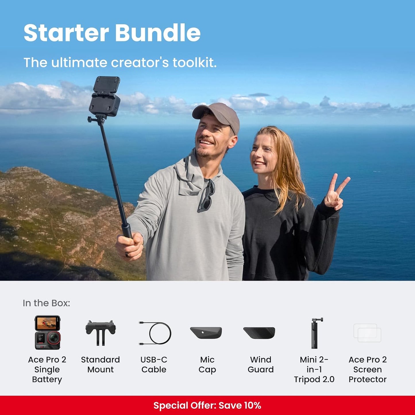 Insta360 Ace Pro 2 Starter Bundle - 8K Waterproof Action Camera Co-Engineered with Leica, 1/1.3" Sensor, Dual AI Chips, Superior Low-Light, 2.5" Flip Screen for Vlogging, Travel & Sports