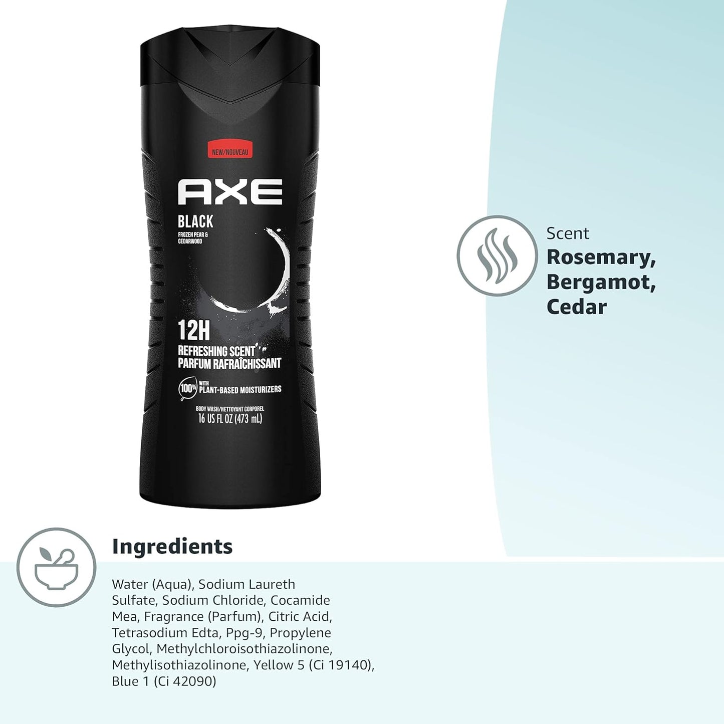 AXE Body Wash 12h Refreshing Scent Cleanser Black Frozen Pear and Cedarwood Men's Body Wash - 100% Plant-Based Moisturizers (16 oz)