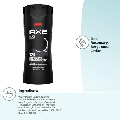 AXE Body Wash 12h Refreshing Scent Cleanser Black Frozen Pear and Cedarwood Men's Body Wash - 100% Plant-Based Moisturizers (16 oz)