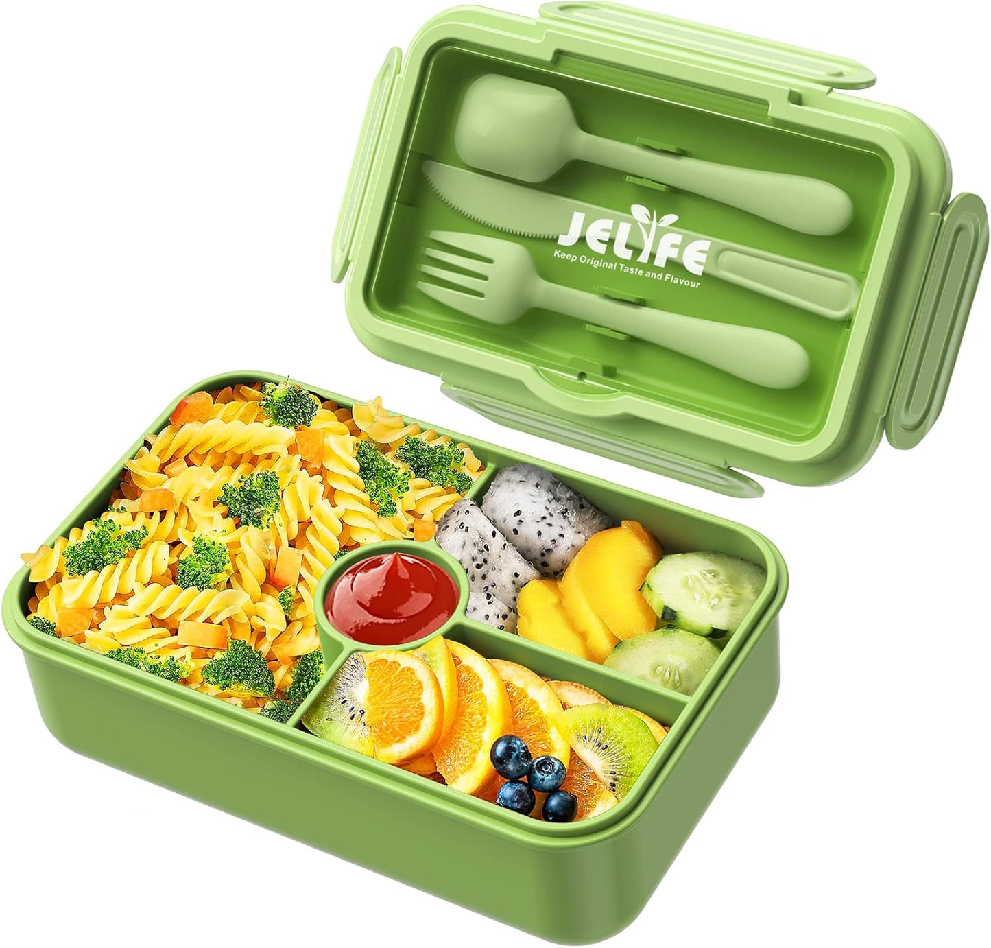 Large Bento-Style Leakproof w/ 4 Compartments Food Storage w/ Tableware Reusable On-the-Go Meal - Green