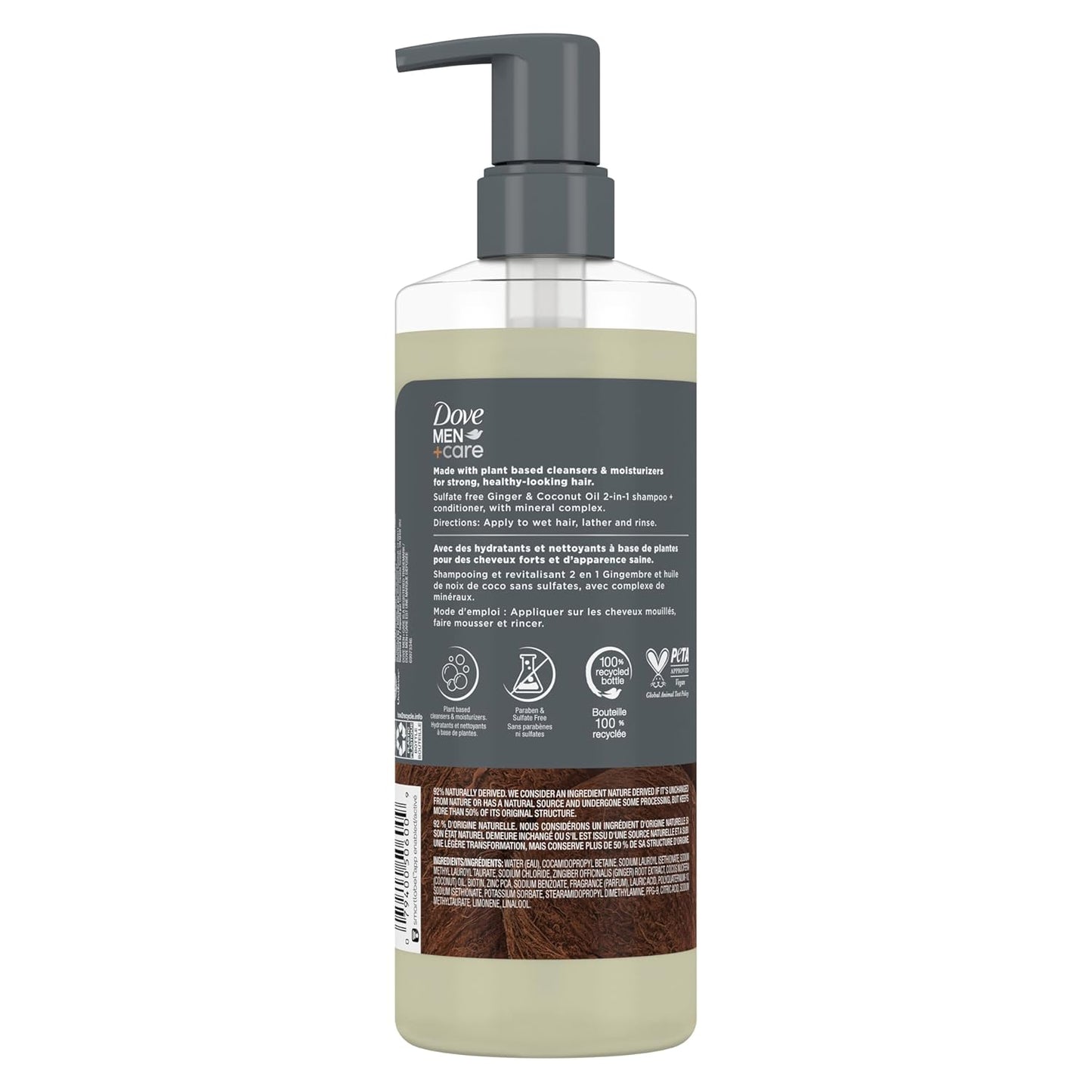 DOVE MEN CARE 2-in-1 Shampoo + Conditioner - Ginger & Coconut Oil for Hydrated Hair, +Mineral Complex, 17.5 oz (2PK)