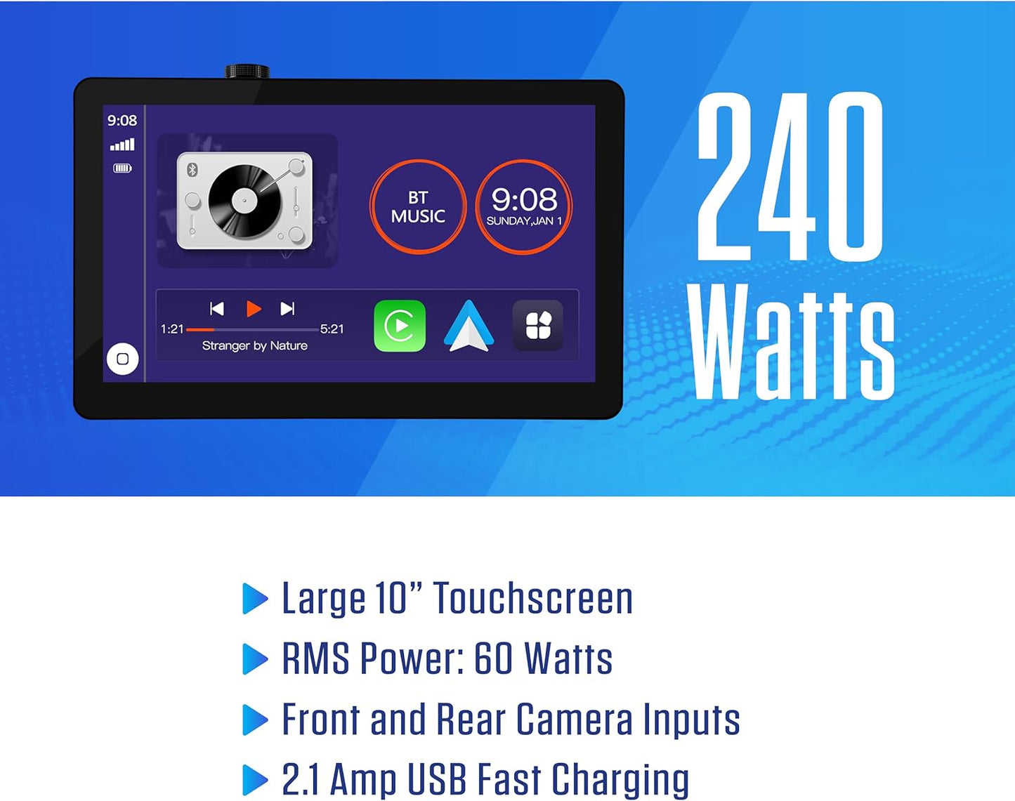10" Single & Double DIN Top Mount Wireless Apple Carplay Android Auto Car Stereo Touchscreen IllumiNITE Light Ring & Buttons  Front/Rear Camera Input