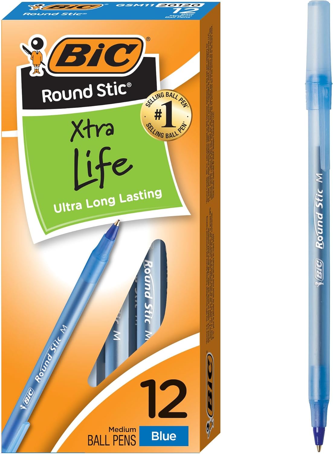 BIC Round Stic Xtra Life Blue Ballpoint Pens, Medium Point (1.0mm), 12CT Bulk Pens - (Pack of 3)