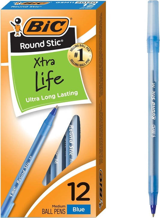 BIC Round Stic Xtra Life Blou Balpuntpenne, Mediumpunt (1.0mm), 12-STuks Grootmaatpenne - (Pak van 3)