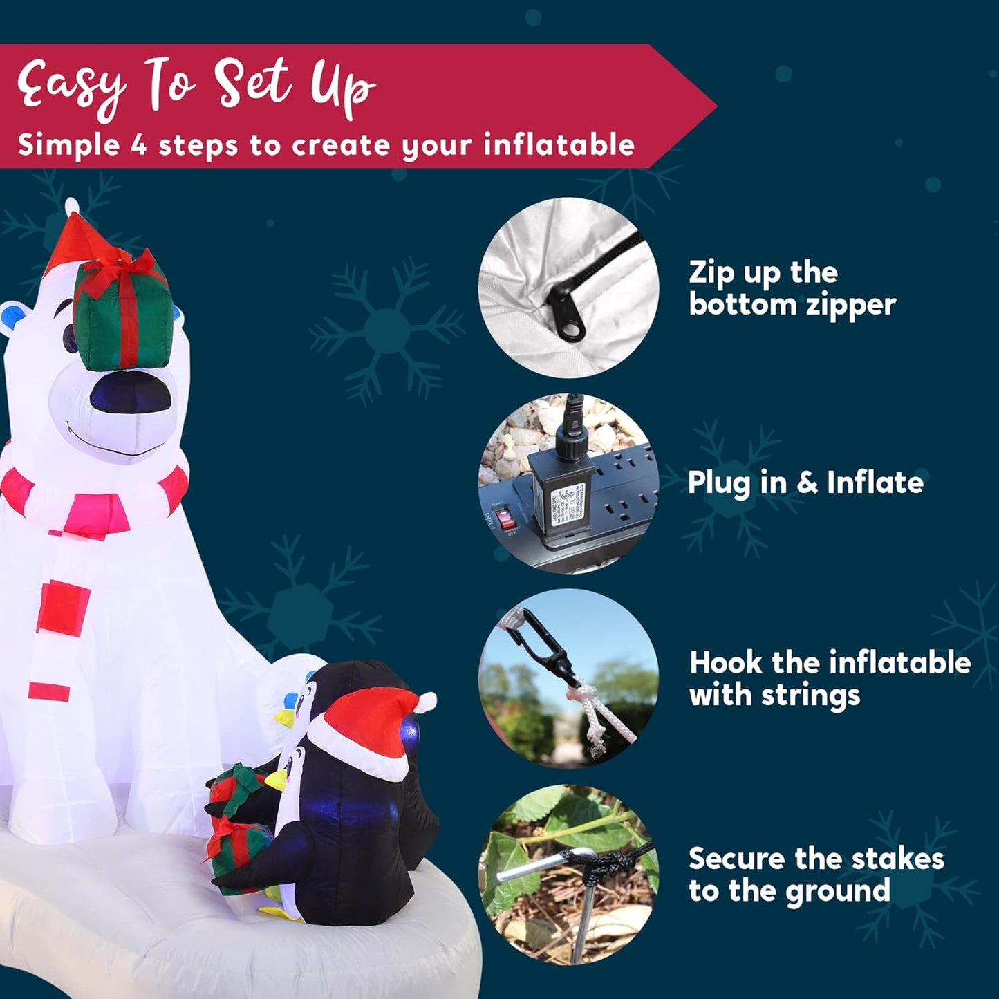(6 FT) Long Christmas Inflatable Decoration Polar Bear & Penguins w/ Build-in LEDs, Blow Up Inflatable Holiday Season Decoration
