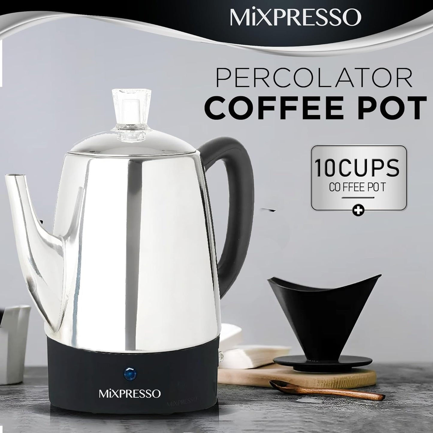 Mixpresso 10 Koppie Perkolatorkoffiepot Elektries, Vlekvrye Staal Koffieperkolator Elektries Met Warmhoufunksie, Klassieke Perkolatorpot Met Verwyderbare Mandjie Vir Huis of Kantoor
