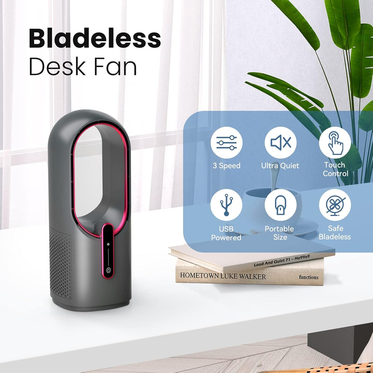 Desk Fan Bladeless, 11.8 Inch Office Fan Small, Quiet, 3 Speed Adjustment, Touch Control, Easy to Clean, Desk Fans Small Quiet, Ideal for Office, Living Room, Bedroom  - Gray/Red