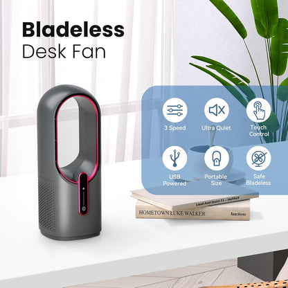 Desk Fan Bladeless, 11.8 Inch Office Fan Small, Quiet, 3 Speed Adjustment, Touch Control, Easy to Clean, Desk Fans Small Quiet, Ideal for Office, Living Room, Bedroom  - Gray/Red