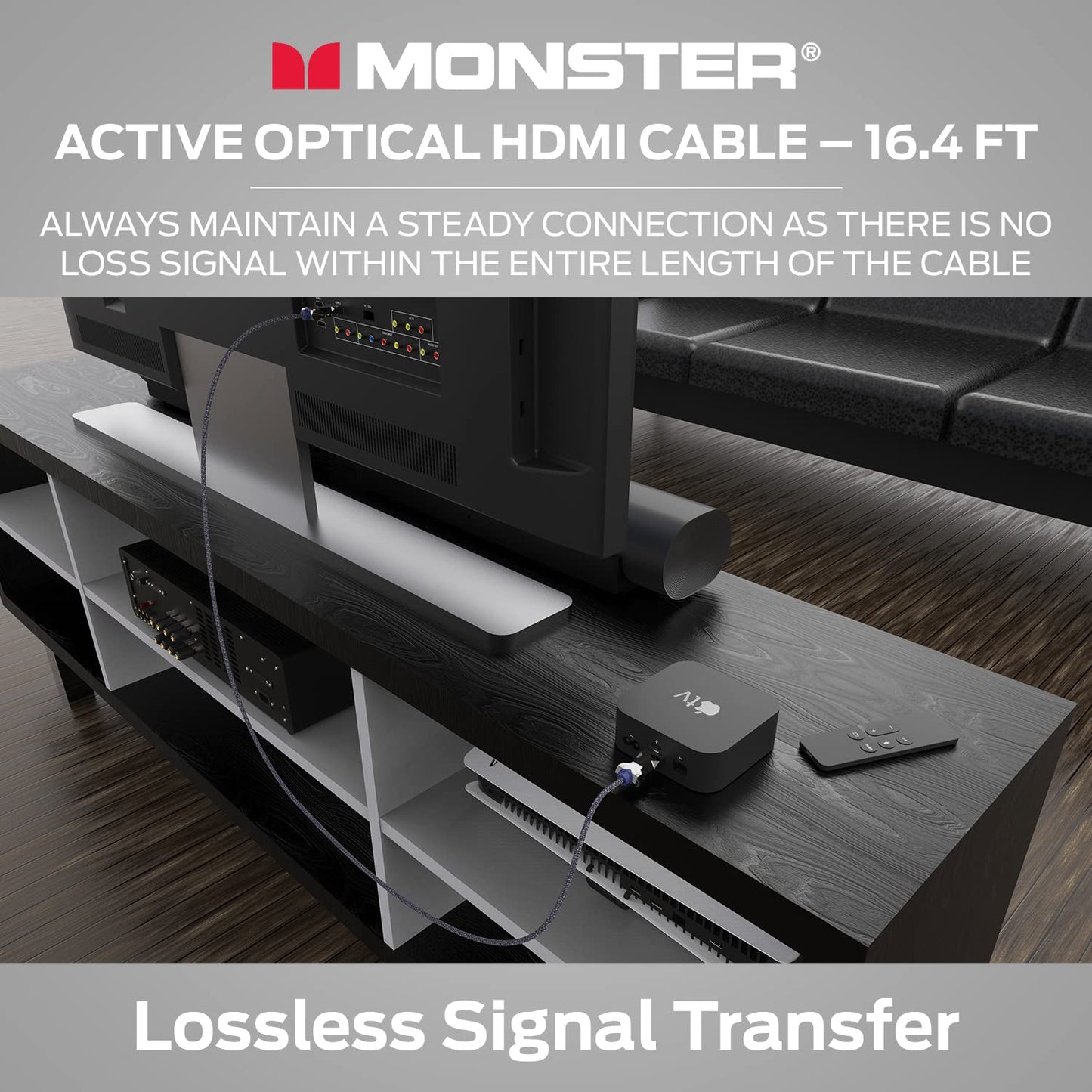Monster M-reeks Aktiewe Optiese Kabel Lightwave Gesertifiseerde Premium HDMI 2.1-48 Gbps Kabel met Aluminium Ekstrusie Konnektor, V-Grip, Duraflex Beskermende Baadjie - Ondersteun 8K @ 60HZ, 4K @ 120HZ, 16.4 VT