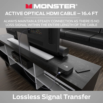 Monster M-reeks Aktiewe Optiese Kabel Lightwave Gesertifiseerde Premium HDMI 2.1-48 Gbps Kabel met Aluminium Ekstrusie Konnektor, V-Grip, Duraflex Beskermende Baadjie - Ondersteun 8K @ 60HZ, 4K @ 120HZ, 16.4 VT