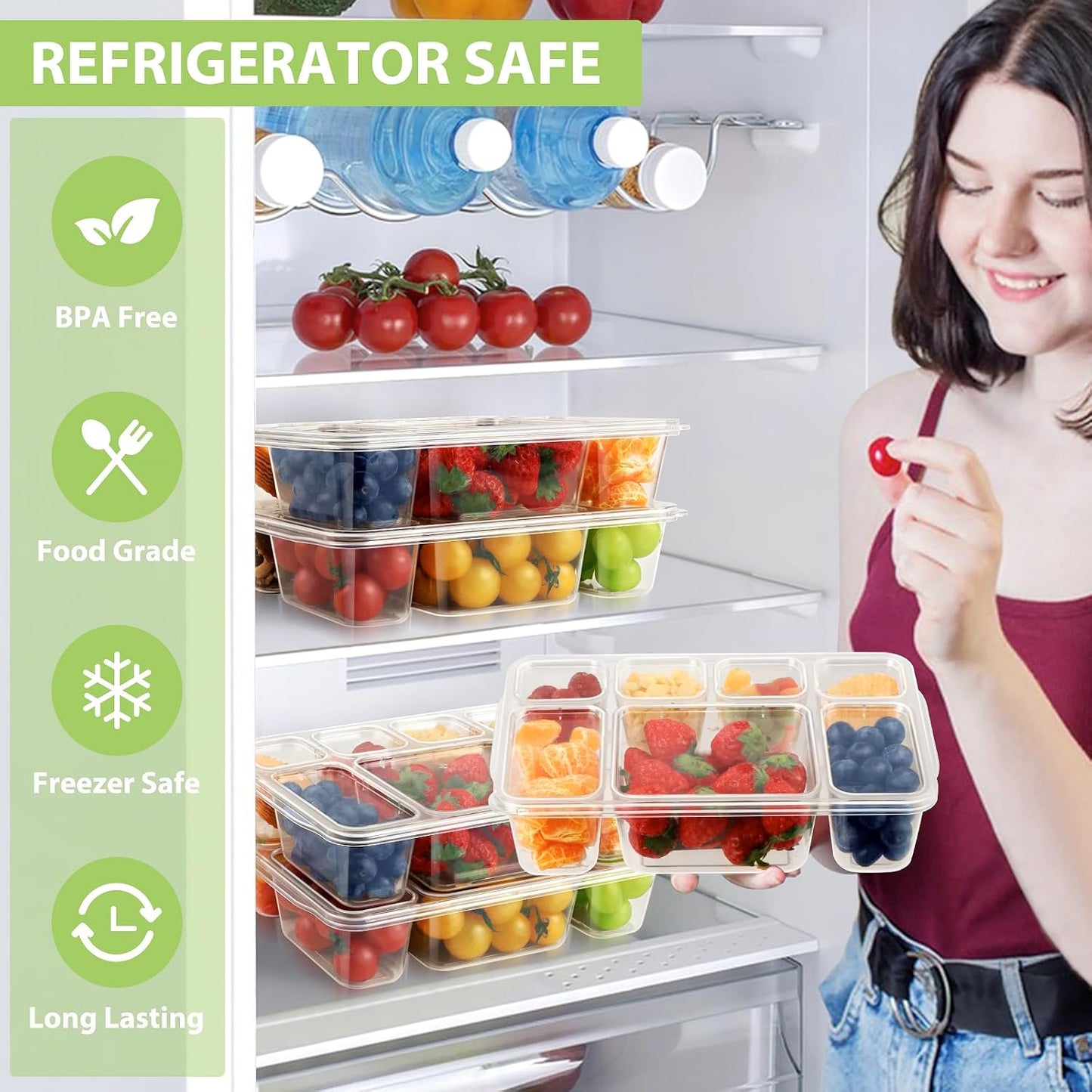 Freshmage Snackle Box Houer - 2 Pak, 7 Kompartement Verdeelde Opdienbak met Deksel, Draagbare Deursigtige Happieboks Houers vir Lekkers, Vrugte, Neute en Peuselhappies – Ideaal vir Reis, Partytjies, Pieknieks