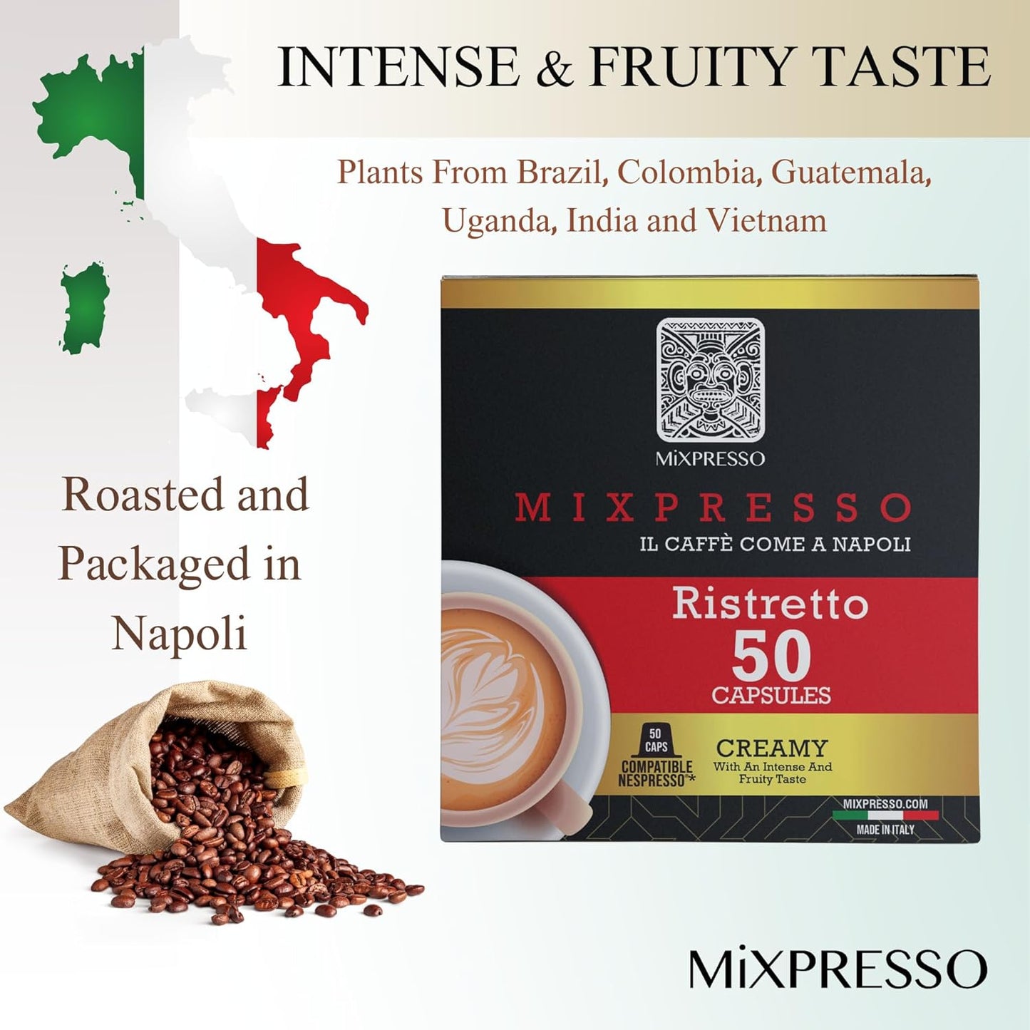 Mixpresso Koffie Ristretto Espresso Kapsules Versoenbaar Met Nespresso Oorspronklike Brouers, Enkel Koppie Koffie Peule 100% uit Italië Donkerbraai 80% Arabica Espresso, 50 Stuk Koffie Kapsule Intensiteit 12/12