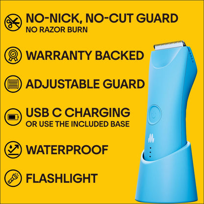 MERIDIAN Trimmer Plus Body Hair Manscaping, Adjustable Guard, USB C Charging, Flash Light, Travel Lock, Charging Dock, Bikini Trimmer, Mens Body Hair - Sky