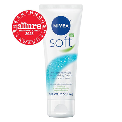 NIVEA Soft Refreshingly Soft Moisturizing Cream, Lightweight Moisturizer for Face, Body and Hands, Body Cream Enriched with Jojoba Oil and Vitamin E, 2.6 Oz Tube, Pack of 3