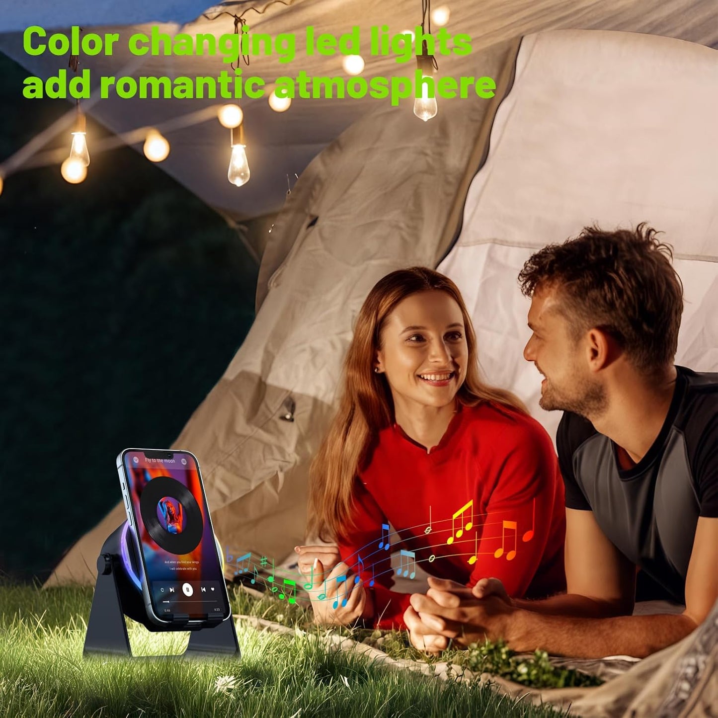 Wireless Induction Audio Bluetooth Speaker, 4 in 1 Phone Stand Speakers Amplifier with Colorful Ambient Light,360° Adjustable Holder - Black