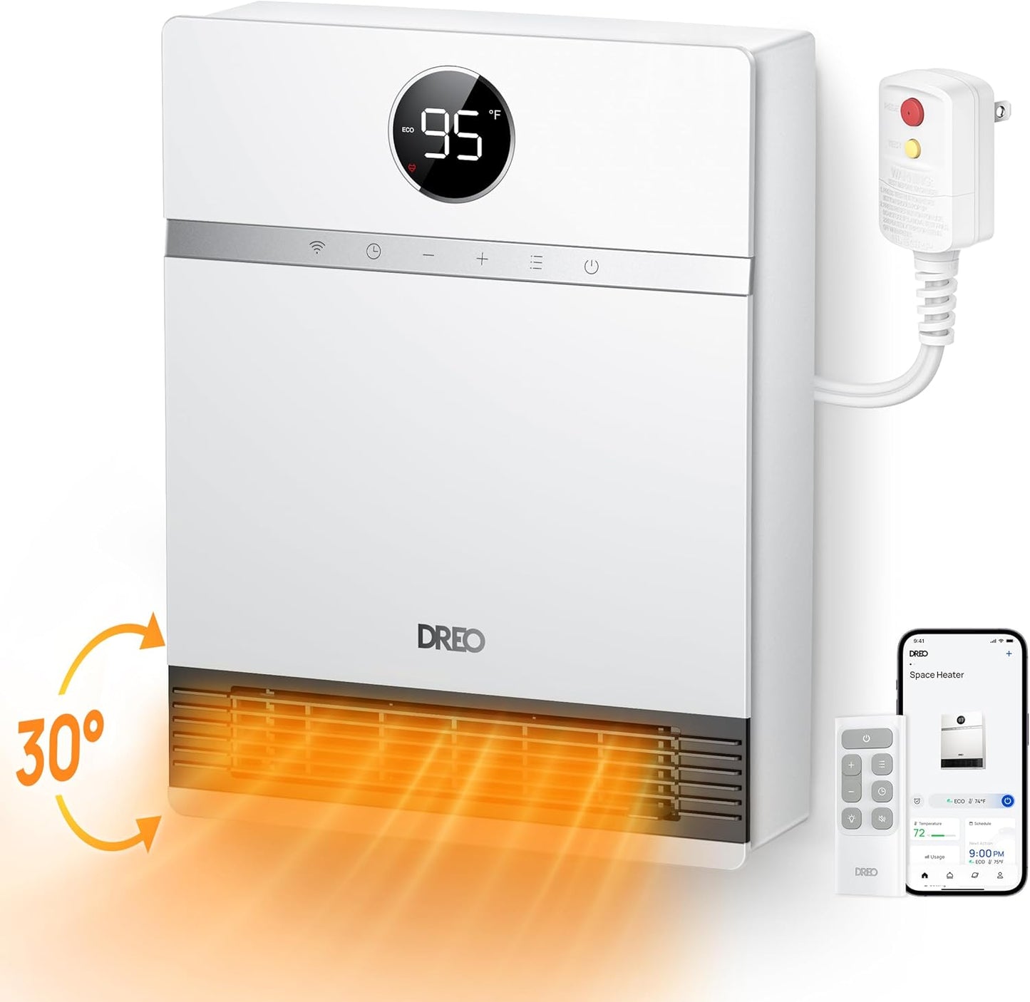 Slim Muurverwarmer, IP24 Elektriese Ruimteverwarmer met ALCI-prop vir Binnenshuise Gebruik, 30° Ossillasie, Verstelbare Termostaat, Afstandbeheer, Werk met Alexa, 24H Tydhouer