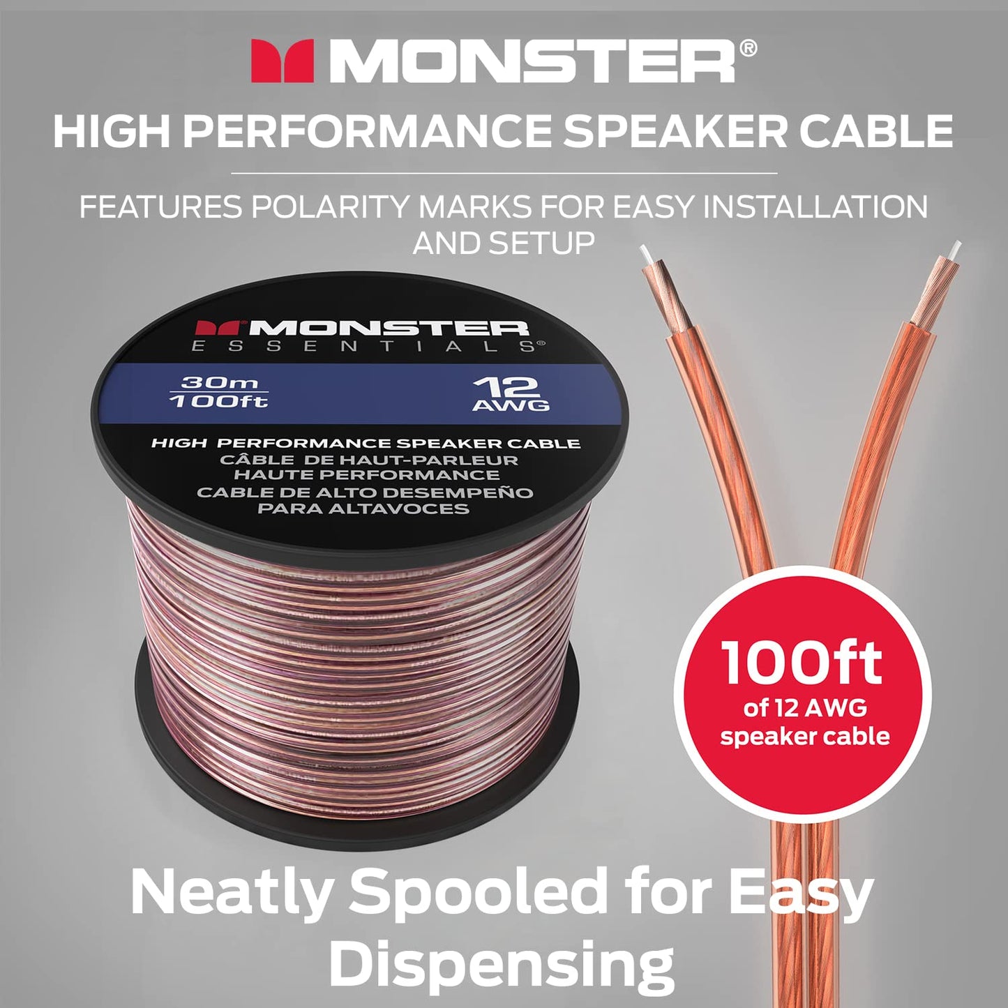 Monster XP Koperbeklede Aluminium (CCA) Luidsprekerkabel 12 Goue Kabel 100 VT Spoel – Ideaal vir Tuisteaterkabels en Motorklankkabels