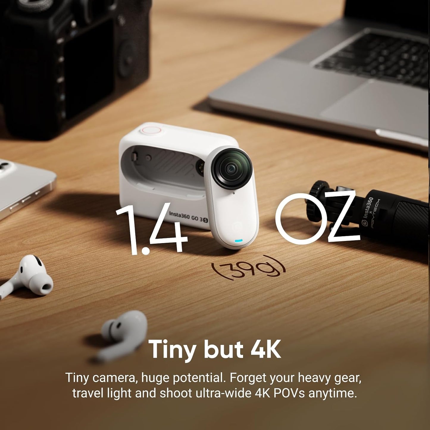 Insta360 GO 3S - 64 GB White 4K Tiny Portable Vlogging Camera, Hands-Free POVs, Mount Anywhere, 140 Min Battery Life, 10m Waterproof, Pet POV