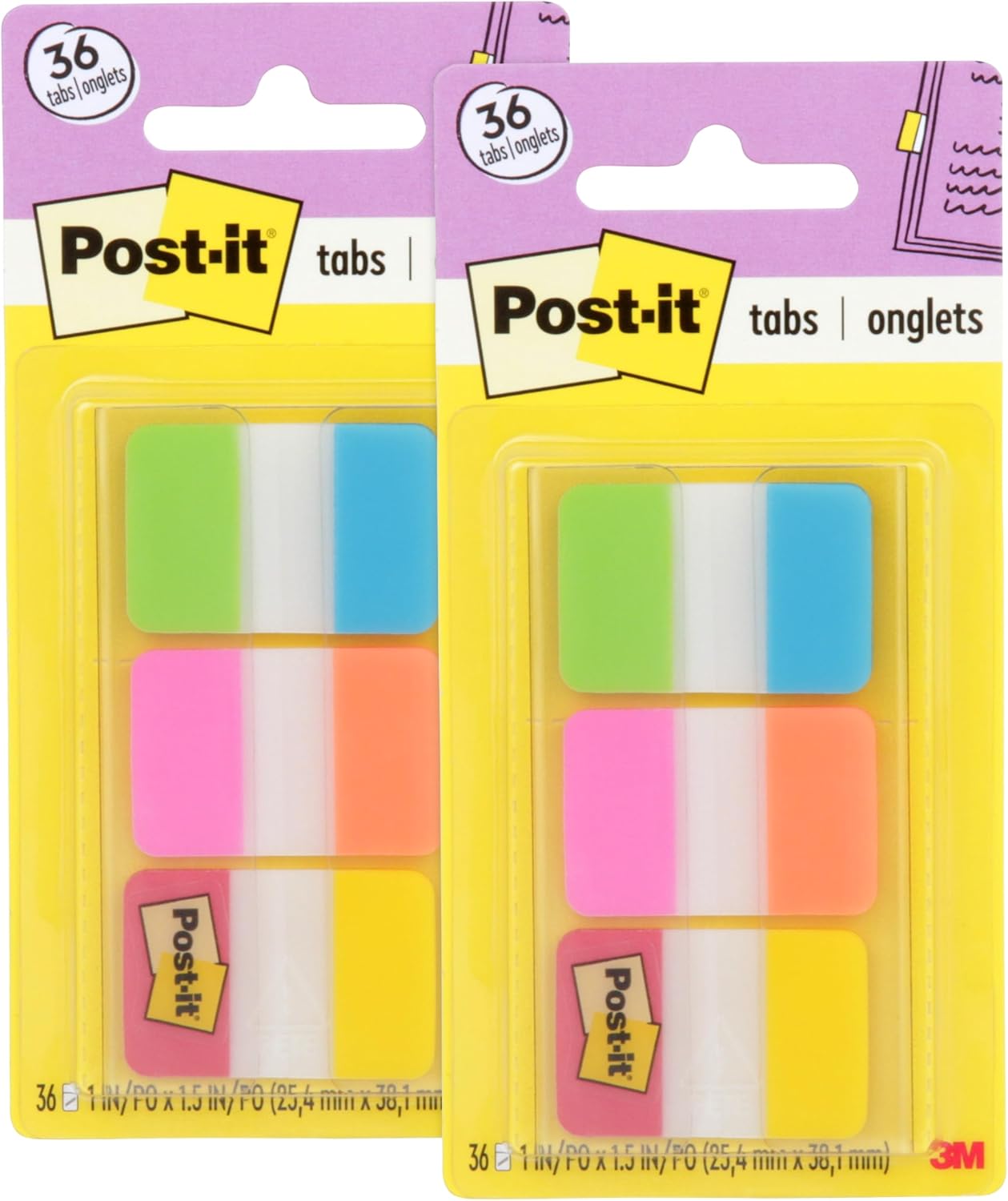 Post-it Tabs, 1 in Solid, Aqua, Yellow, Pink, Red, Green, Orange, 6/Color, 36/Dispenser (Pack of 2)