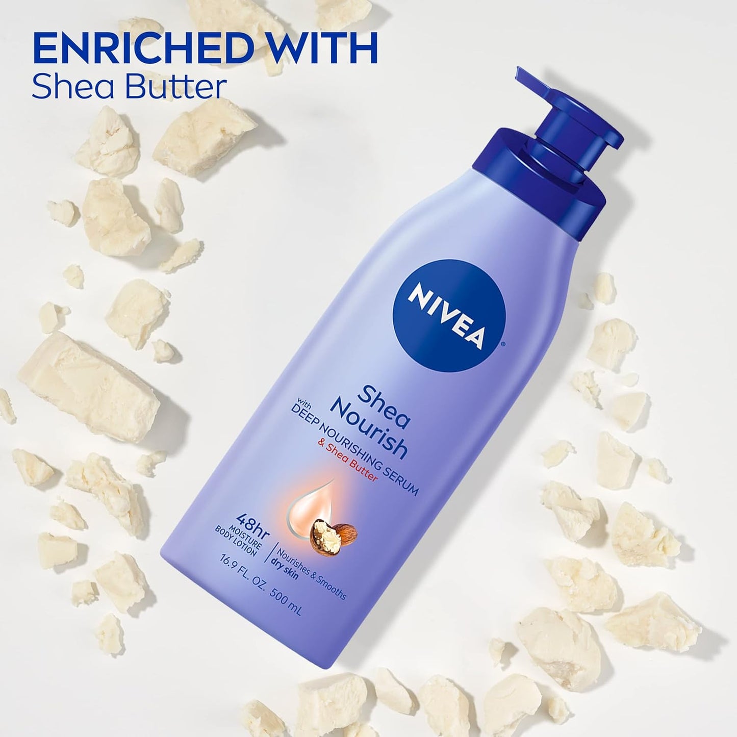 NIVEA Shea Nourish Body Lotion for Dry Skin with Hyaluronic Acid, Shea Butter and Deep Nourishing Serum, 48-Hour Body Moisturizer, 16.9 Fl Oz Pump Bottle - 3PK