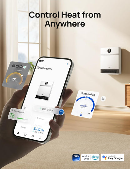 Slim Muurverwarmer, IP24 Elektries met ALCI-prop vir Binnegebruik, 30° Ossilasie, Verstelbare Termostaat, Afstandbeheer, Werk met Alexa, 24H Tydhouer, Maklik om te monteer