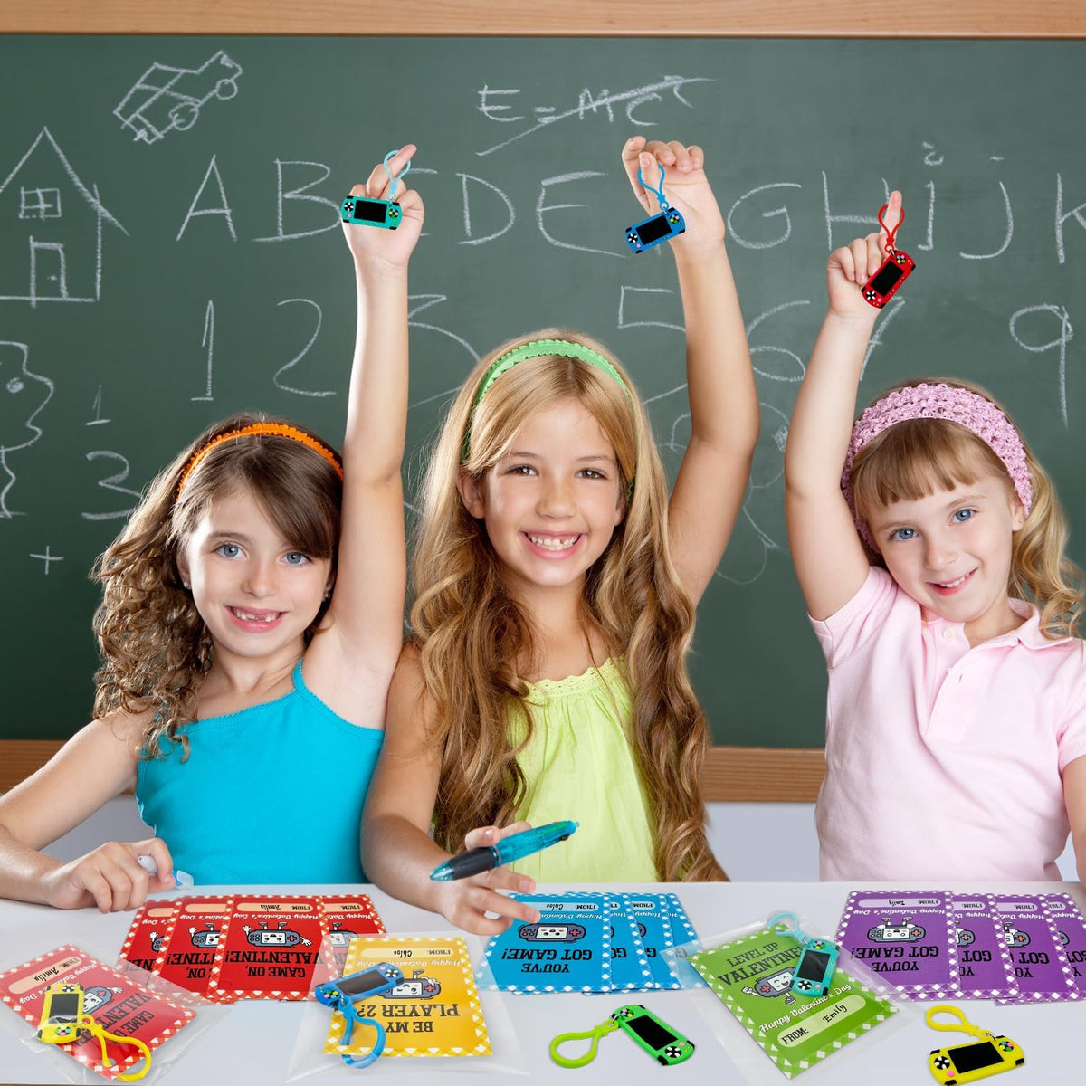 Valentines Day Classroom Exchange Gifts for Kids 2nd 3rd 4th 5th Grade, 24 Pack Video Game Keychains With Class Exchange Cards, Non Candy School Party Favors Supplies Prizes Stuff for Boys Girls