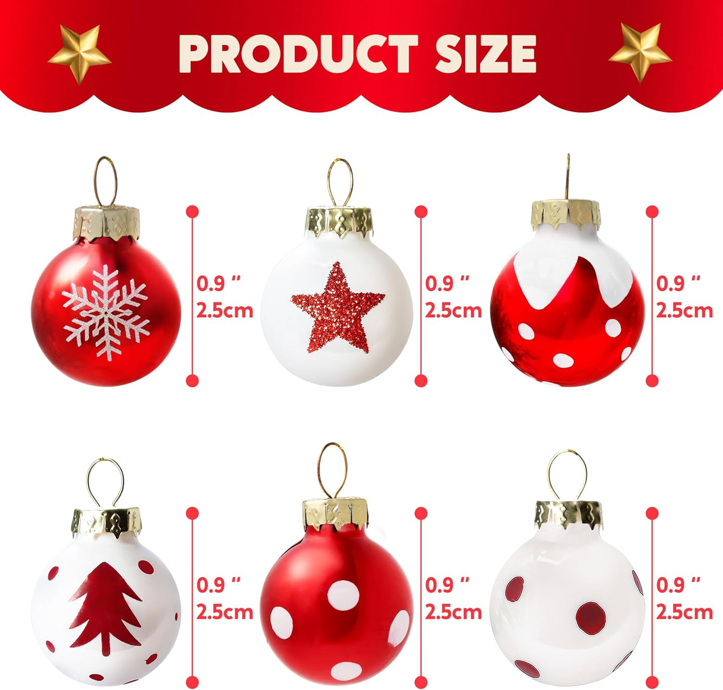36 Stuks Kersfees Mini Bal Ornamentstel, Metaalglas Klein Balle met Glitters & Touhange - (Rooi & Wit)