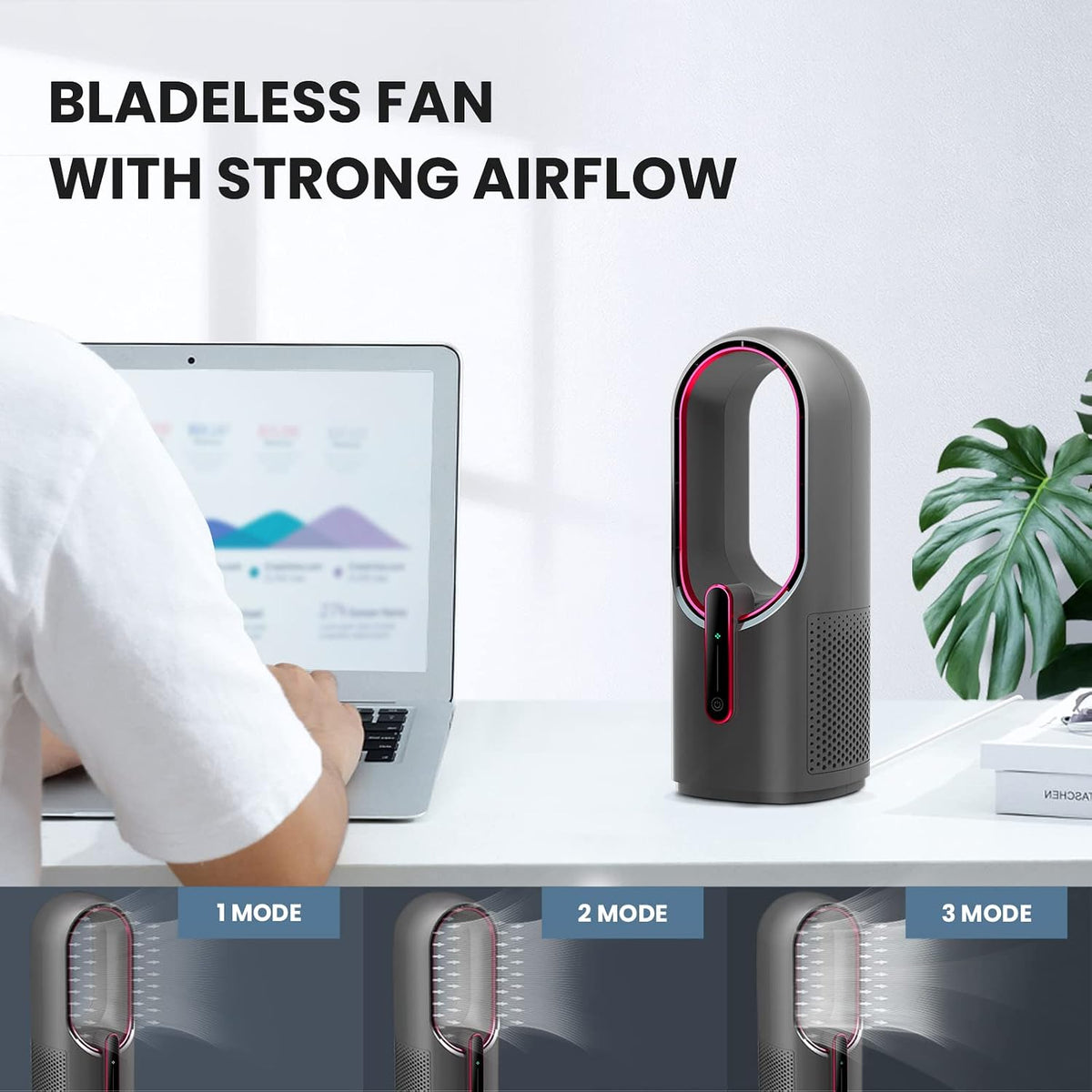 Desk Fan Bladeless, 11.8 Inch Office Fan Small, Quiet, 3 Speed Adjustment, Touch Control, Easy to Clean, Desk Fans Small Quiet, Ideal for Office, Living Room, Bedroom  - Gray/Red